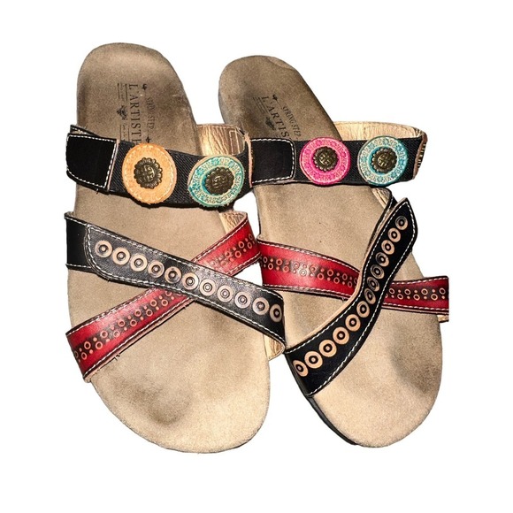 L'Artiste by Spring Step Glendora Black/Red Leather Sandals Womens Size 7 - Picture 3 of 3